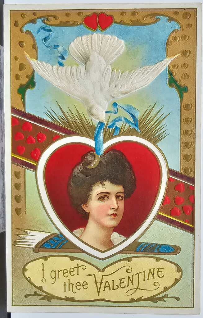 Valentine Postcard Woman Portrait in Heart Held by Dove Embossed Gold Series 316