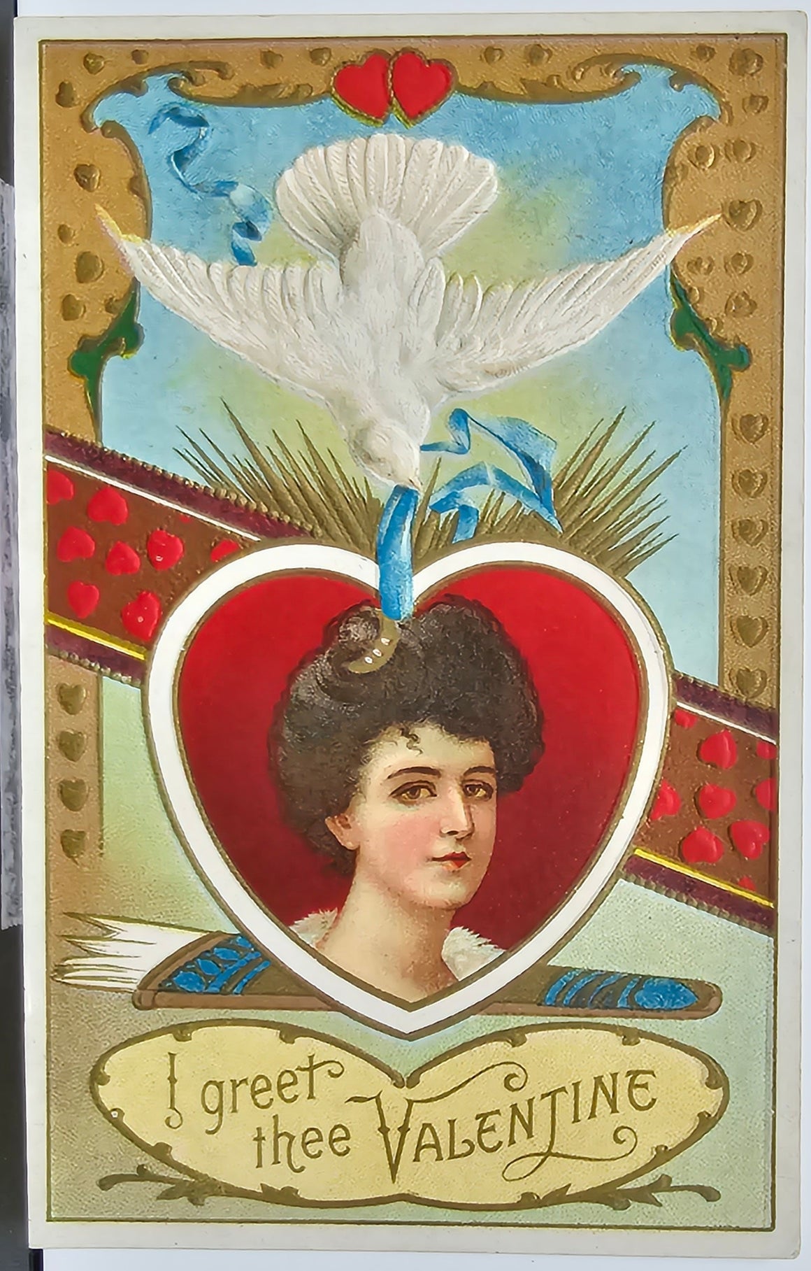 Valentine Postcard Woman Portrait in Heart Held by Dove Embossed Gold Series 316