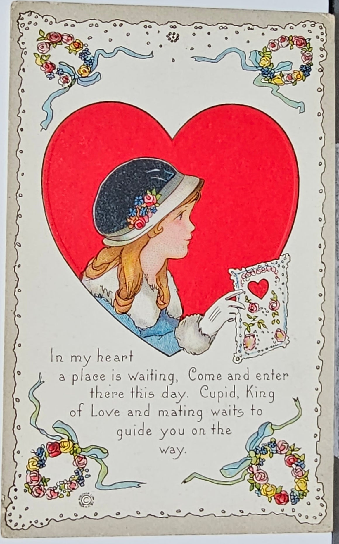 Valentine's Postcard Embossed Card Little Girl with Poem and Giant Heart in Background Series 515 B Stetcher Publishing