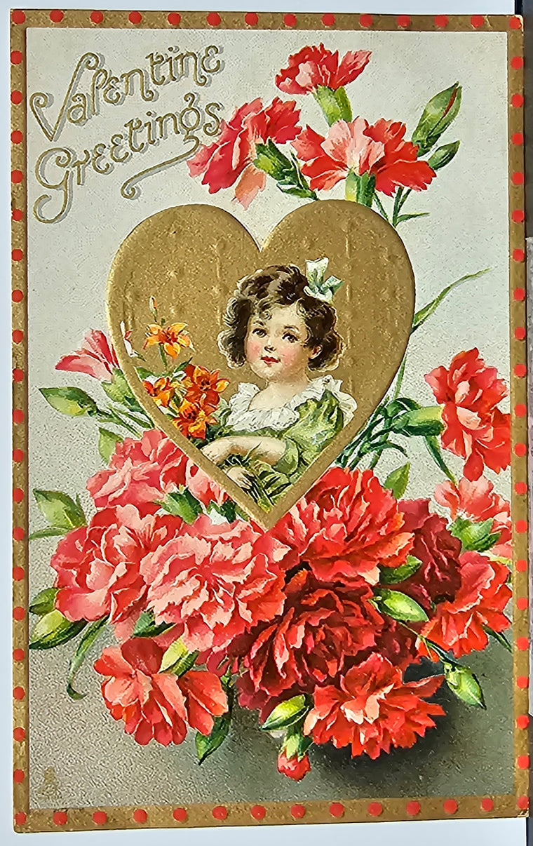 Valentines Postcard Portrait of Little Girl in Gold Embossed Heart with Red Flowers Raphael Tuck Sons Series 11 Floral Missives
