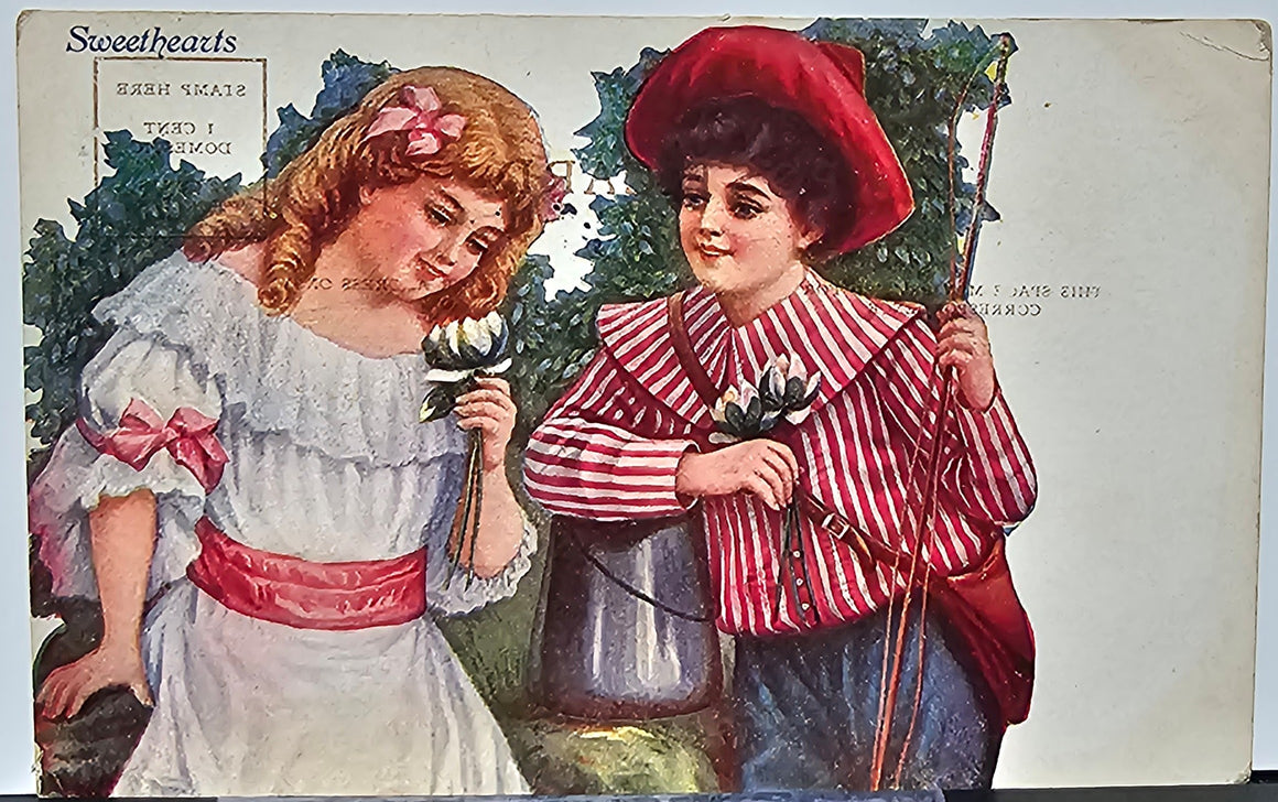 Valentine Postcard Young Couple Girl in White Dress Boy with Fishing Gear Handing Her Flowers Sweethearts
