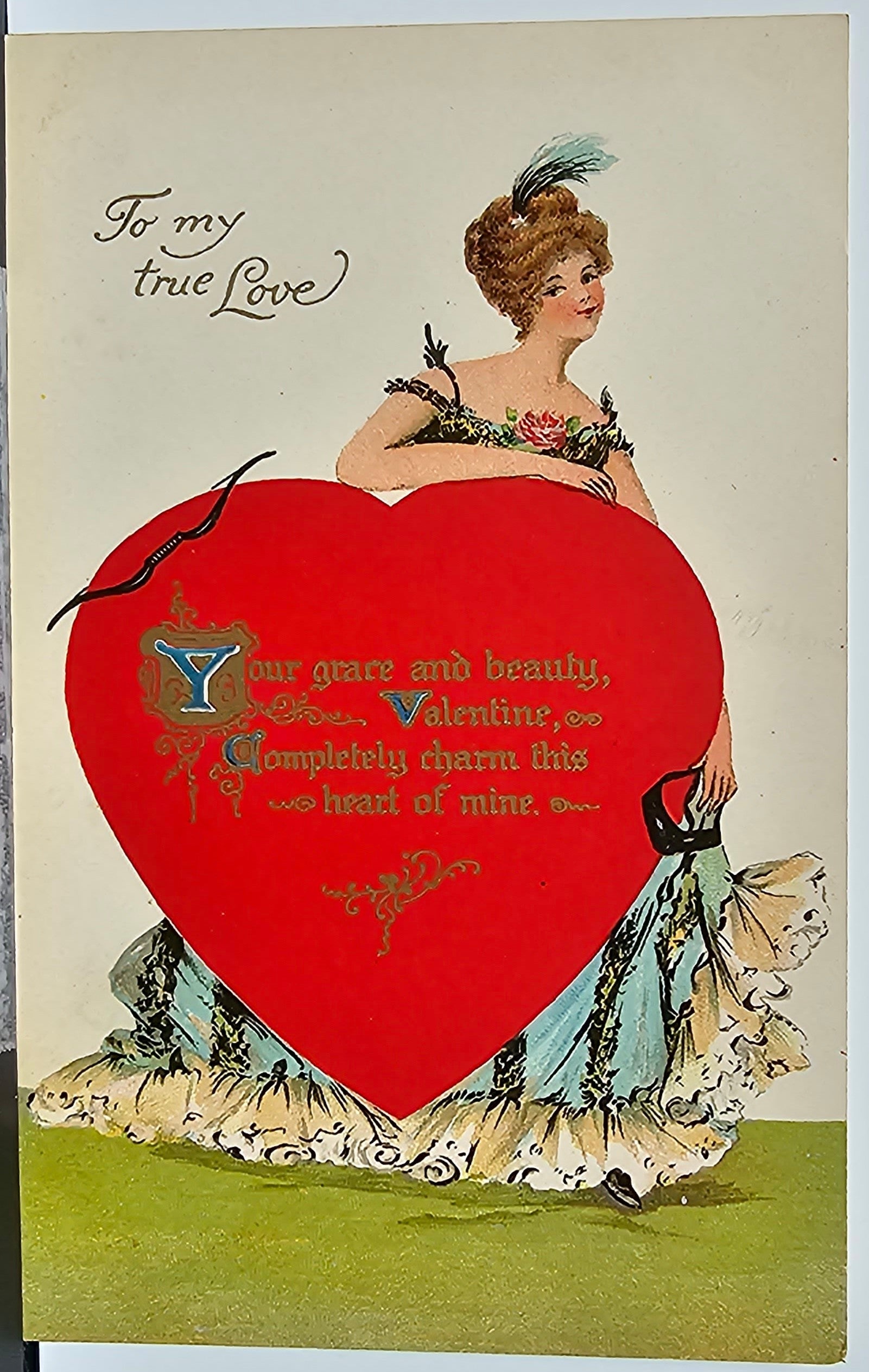 Valentine Postcard Woman with Giant Heart Gold Writing Series 1255