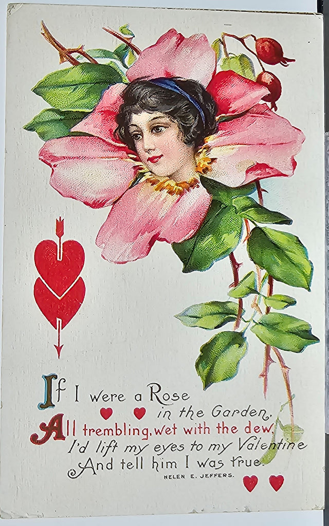 Valentine Postcard Portrait of Woman Blooming Pink Flower Face Card