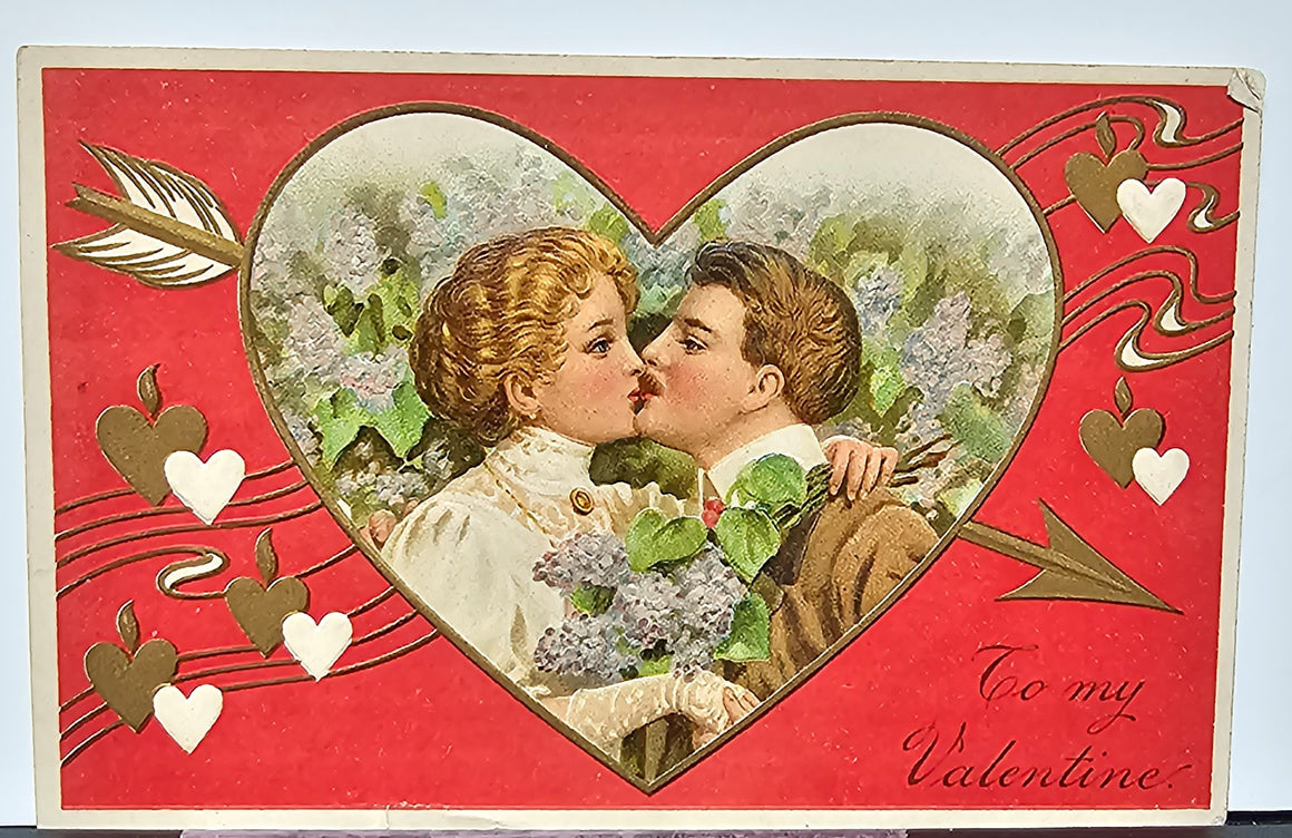 Valentine Postcard PFB Publishing Man & Woman Kissing in Giant Heart Frame Series 8096