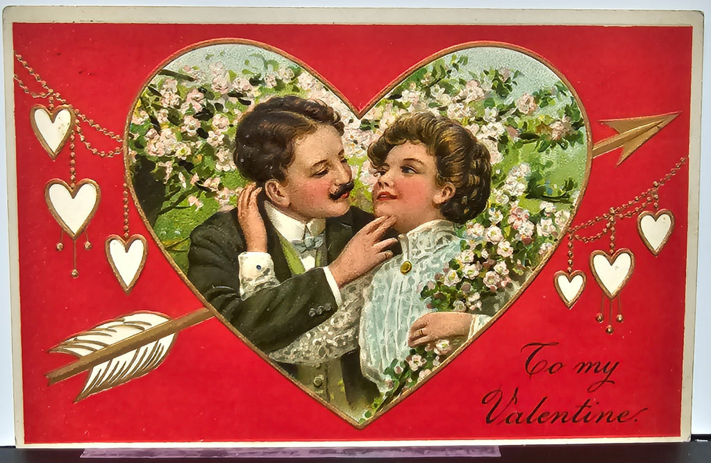 Valentine Postcard PFB Publishing Man & Woman Kissing in Giant Heart Frame Series 8096