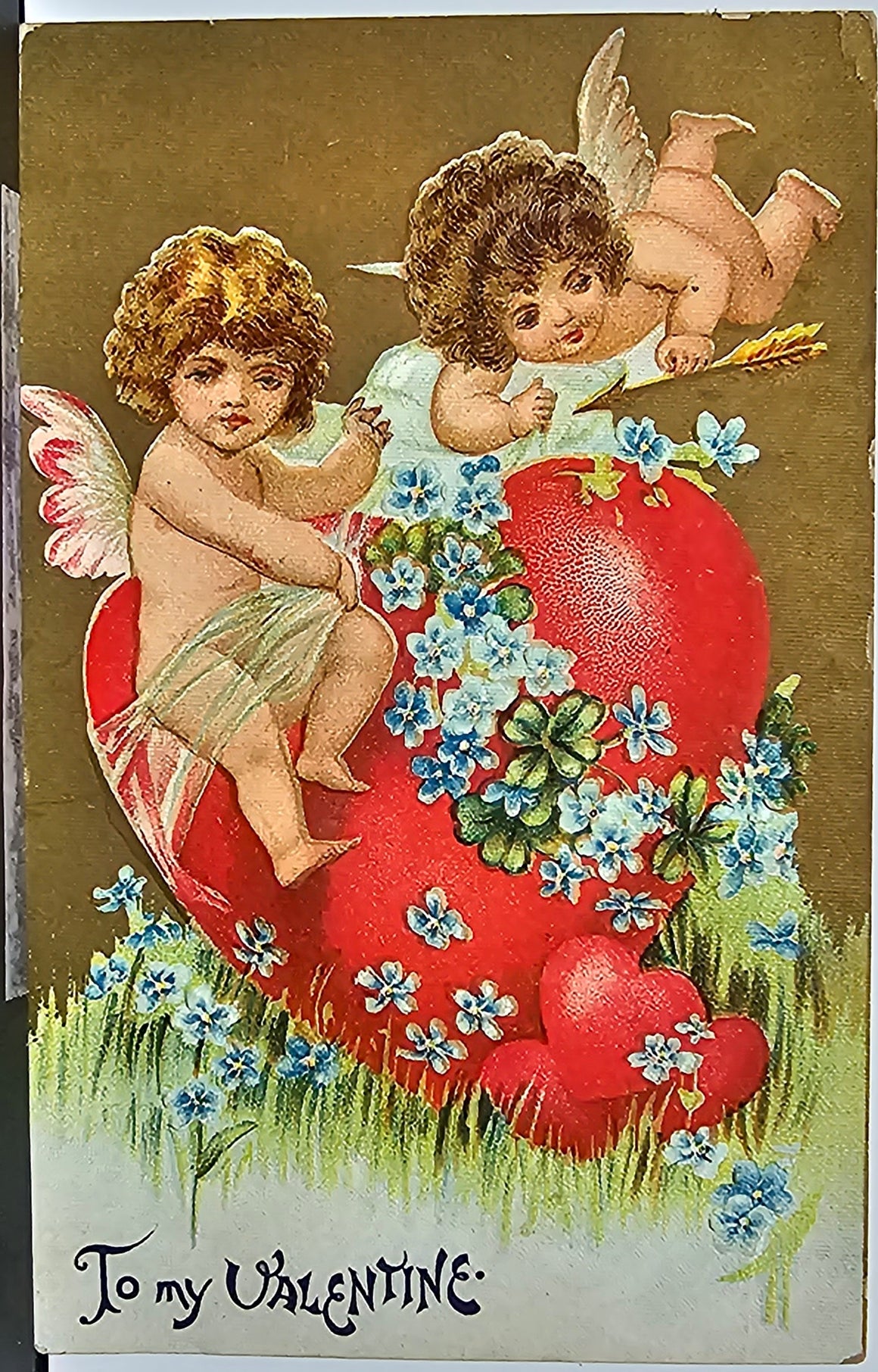 Valentine Postcard Embossed Gold Textured Background Cupids on Giant Red Heart with Flowers