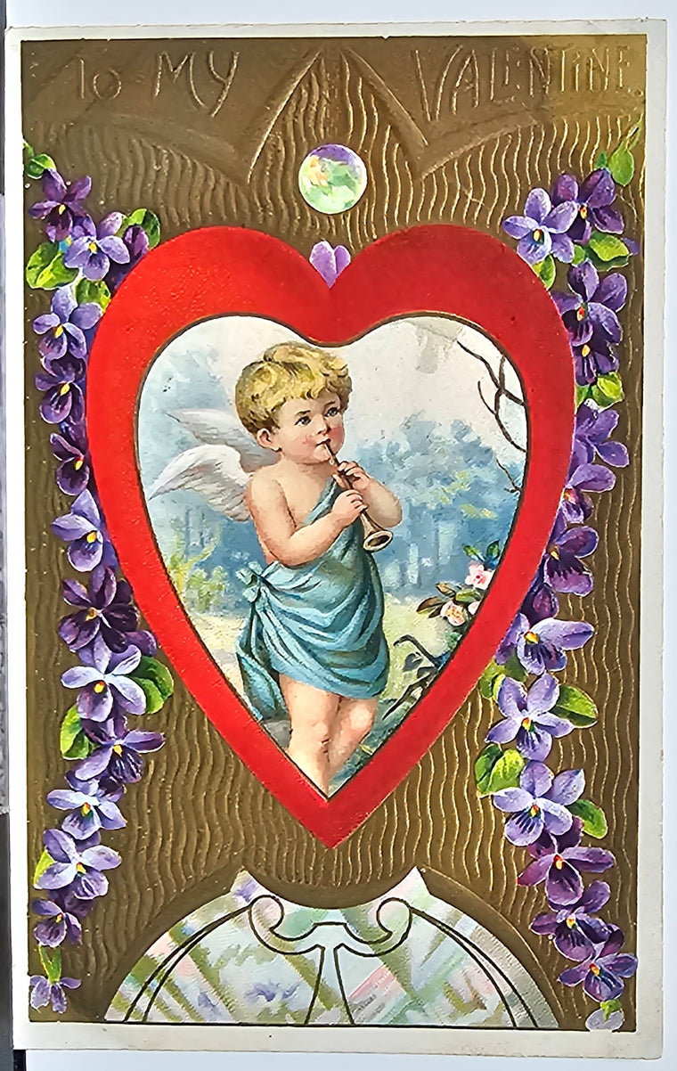 Valentine Postcard Cupid Playing Flute Giant Heart Gold Foil Background Embossed Card