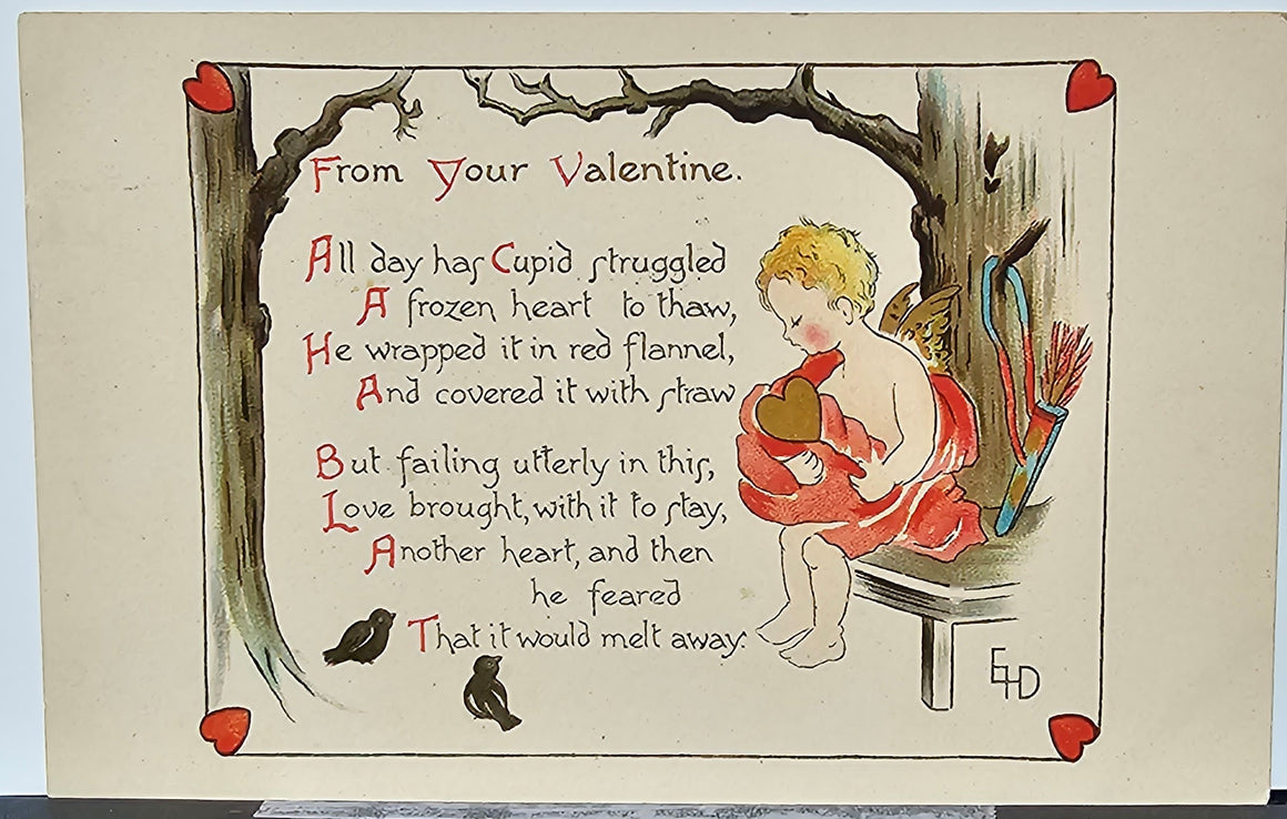 Valentine Postcard Arts Craft Rust Style Artist Monogram EHD Cupid Holding Baby Gold Heart Poem Above Nister Publishing