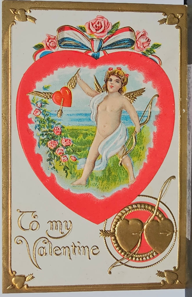 Valentine Postcard Cupid Holding Flying Heart Gold Embossed SB 260