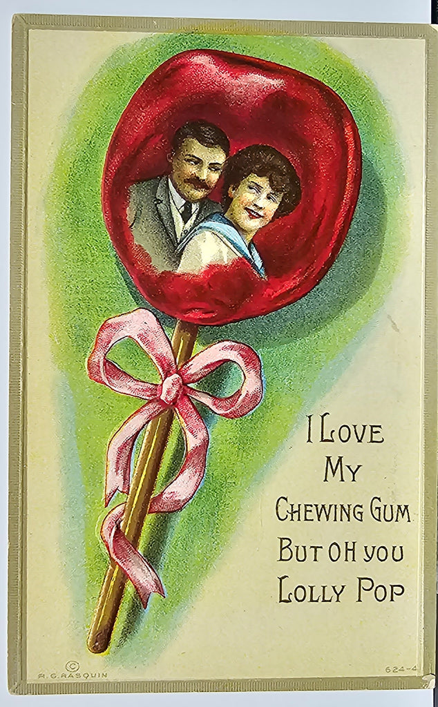 Valentine Postcard Romance Man & Woman in Giant Lollipop