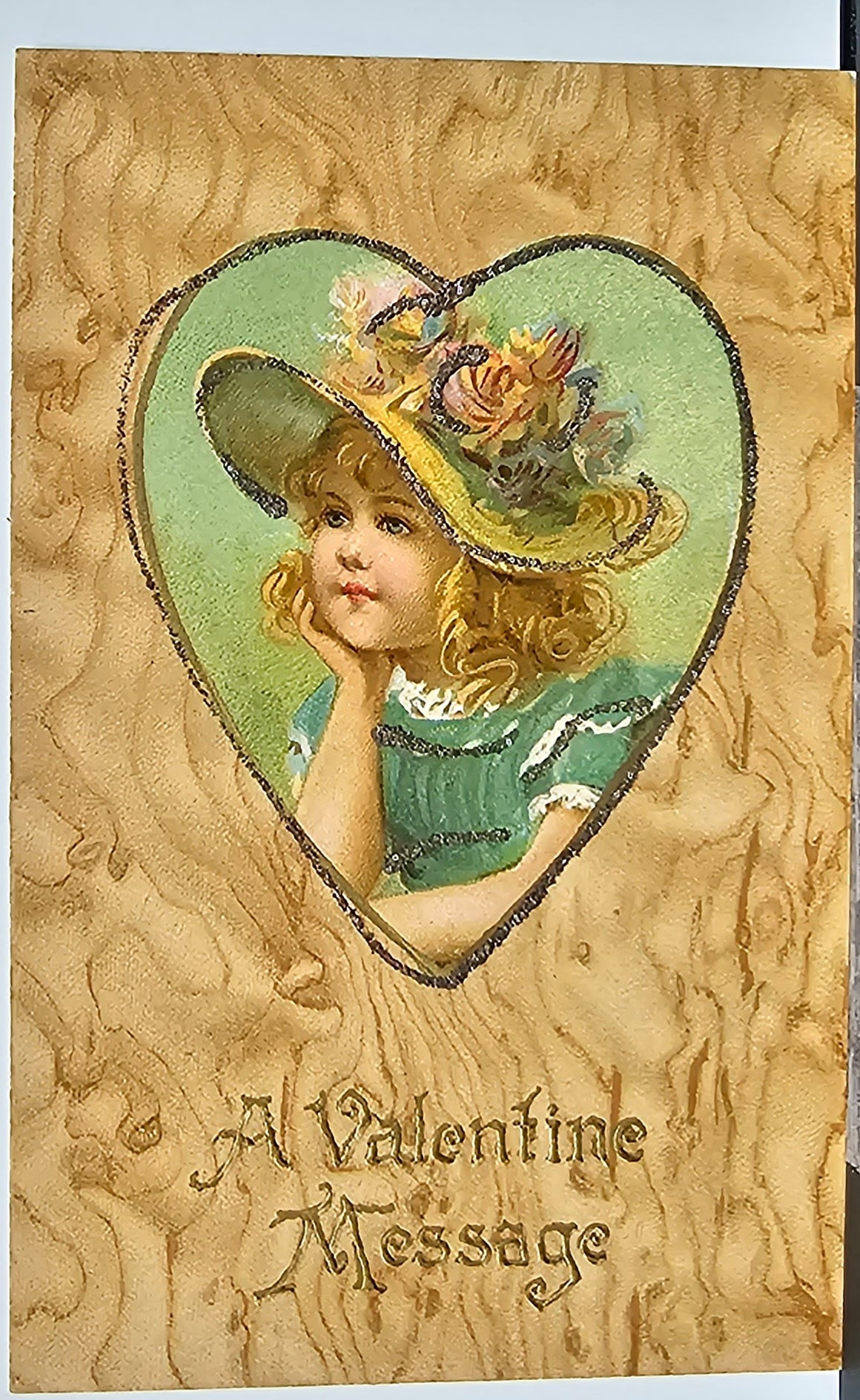 Valentine Postcard Portrait of Young Girl in Heart Wood Style Background Embossed Early Undivided Card with Applied Glitter
