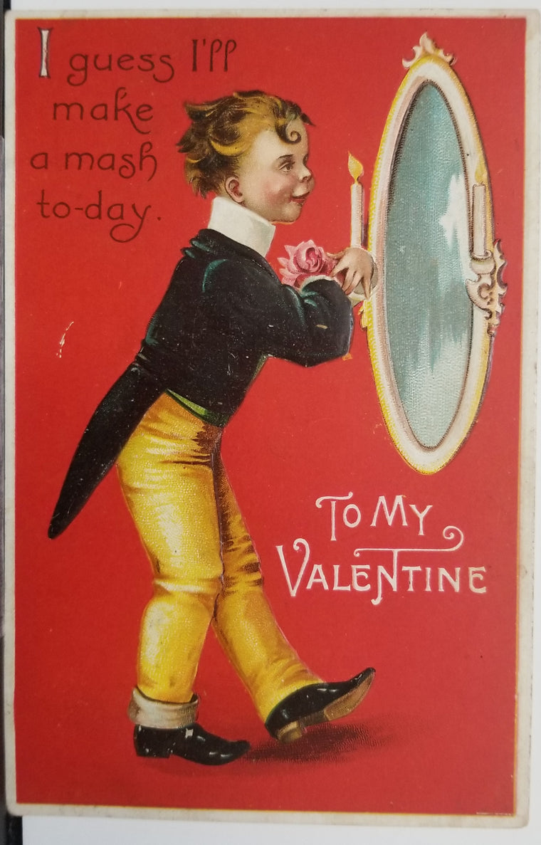 Valentine Postcard Artist Ellen Clapsaddle Boy in Tux Admiring Himself in Mirror Embossed Card
