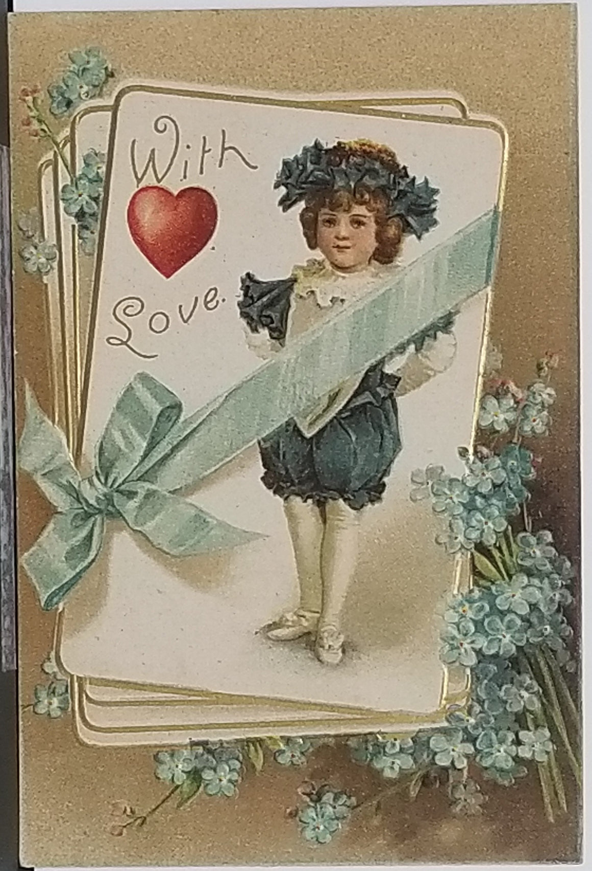Valentine Postcard Artist Ellen Clapsaddle Embossed Card Boy with Ribbon Flowers International Art Publishing