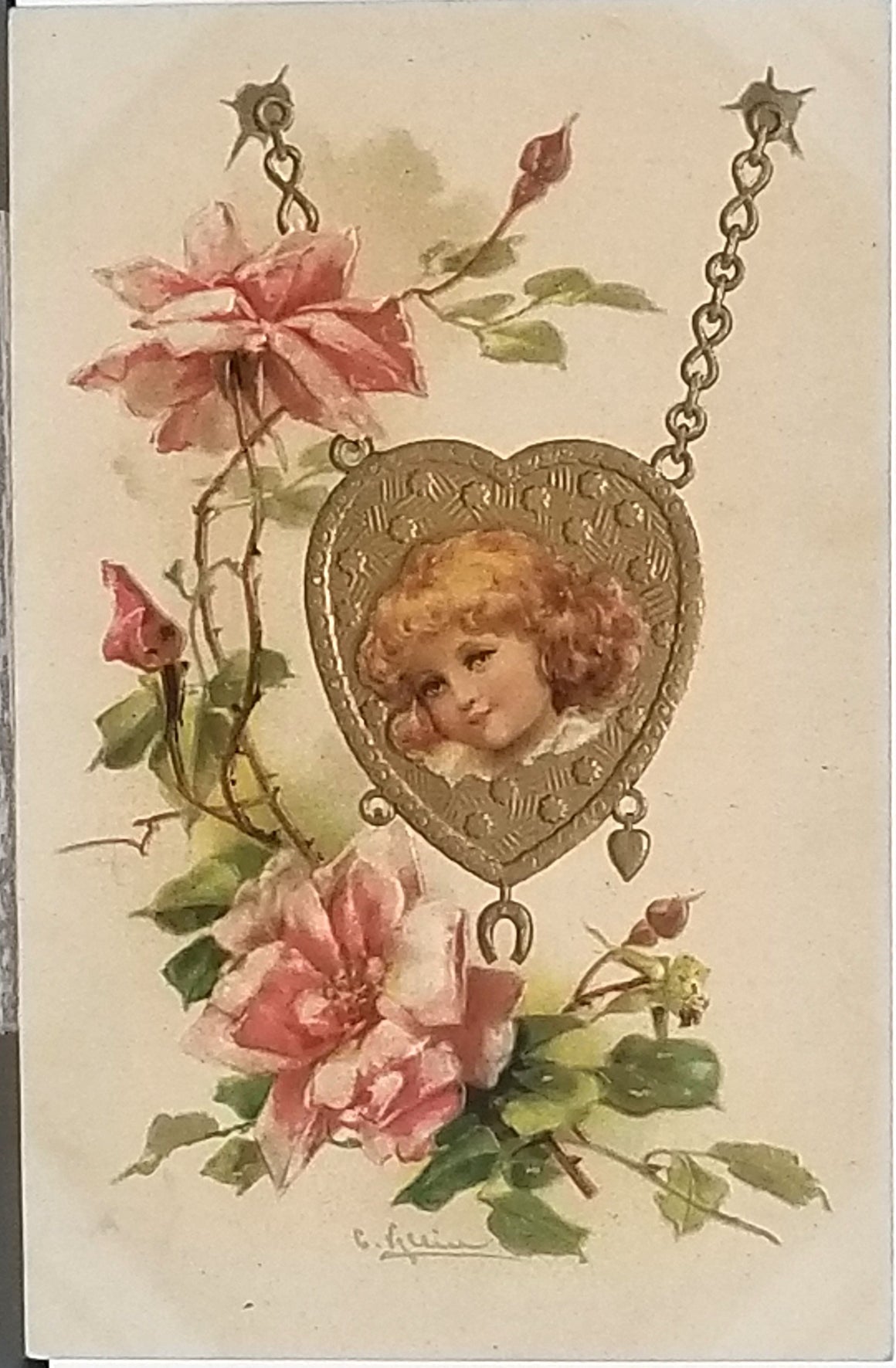 Valentine Postcard Artist C. Klein (Catherine) Portrait of Girl in Embossed Heart with Flowers
