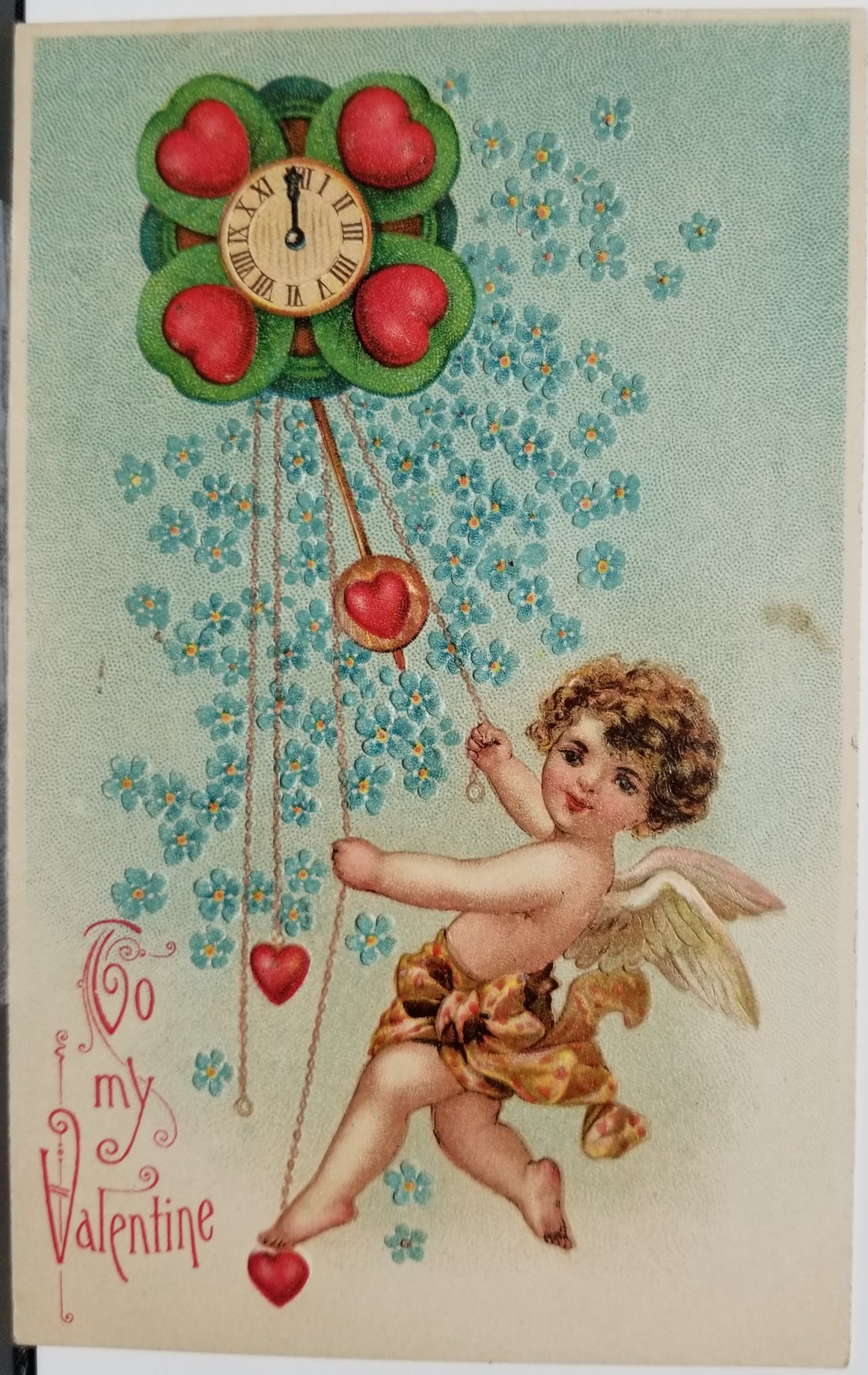 Valentine Postcard Cupid Pulling Heart Strings on Clock BW Publishing Series 310