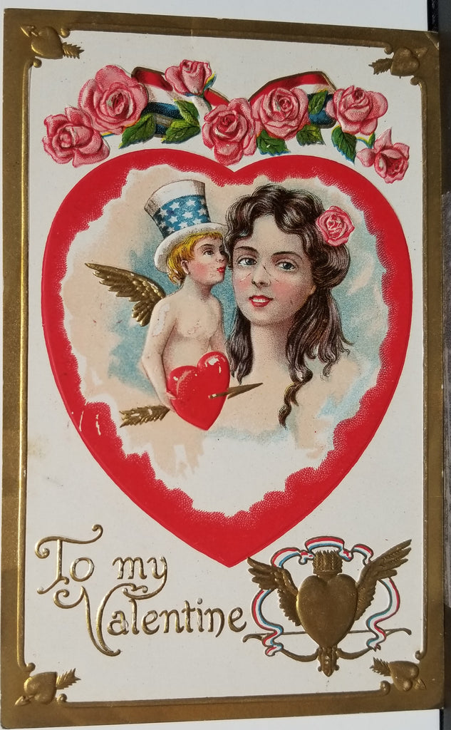 Valentine Postcard Cupid in Uncles Sam Style Top Hat Kissing Woman Gold Embossed Series SB 260