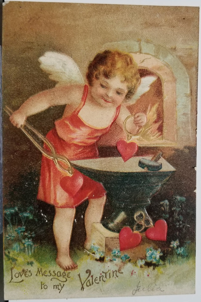 Valentine Postcard Ellen Clapsaddle Cupid Blacksmith Hammering Hearts