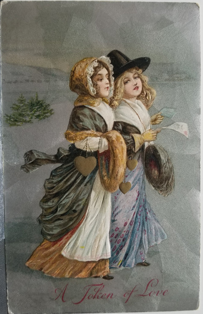 Valentine Postcard John Winsch Young Women Walking Token of Love