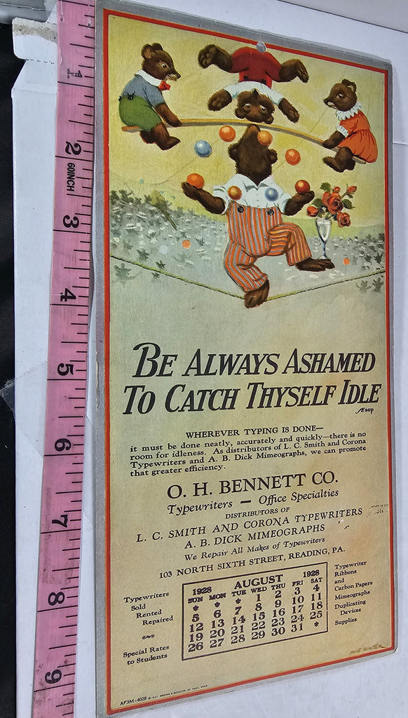 Advertising Trade Card Calendar Month of August Circus Performing Bears Bennett Typewriters