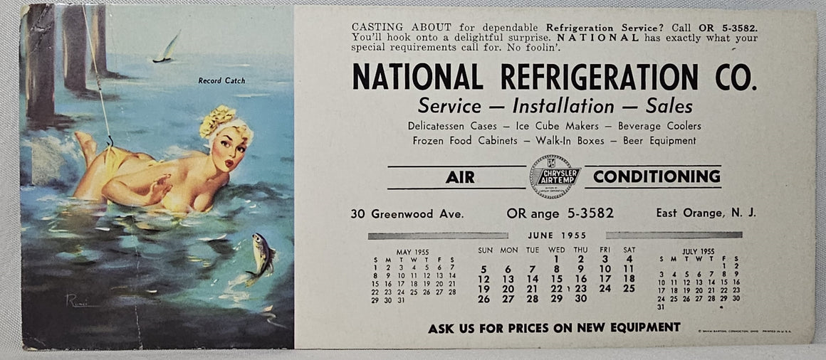 Advertising Trade Card  Month of June Ink Blotter Calendar Blonde Pinup in Water Snagged Chrysler National Refrigeration
