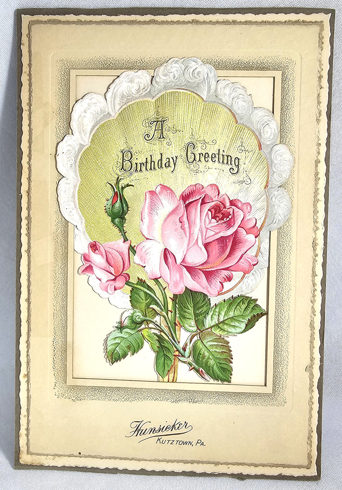 Antique Victorian Die Cut Birthday Card with Pink Rose & Gold Background
