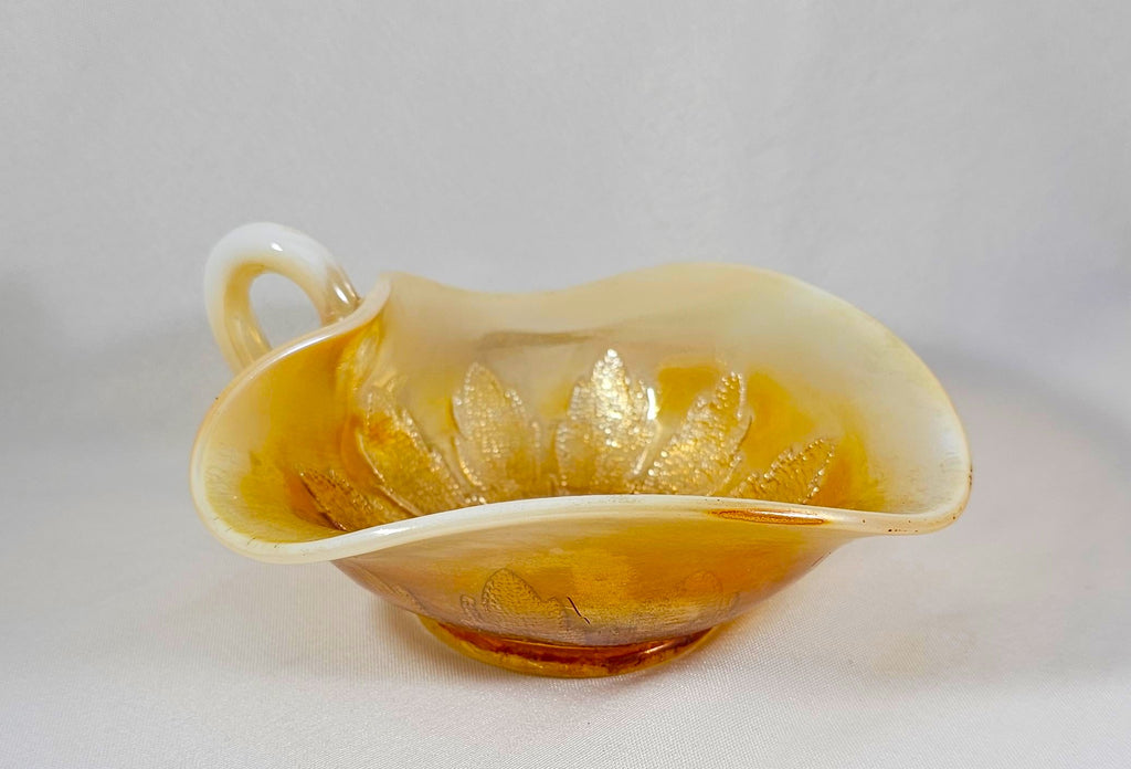 Antique Dugan Opalescent Carnival Glass Leaf Rays Marigold Nappy Candy Dish
