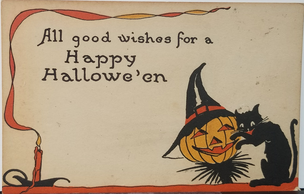 Halloween Postcard Gibson Publishing Black Cat with JOL Witch White Gold Orange Black Color Scheme