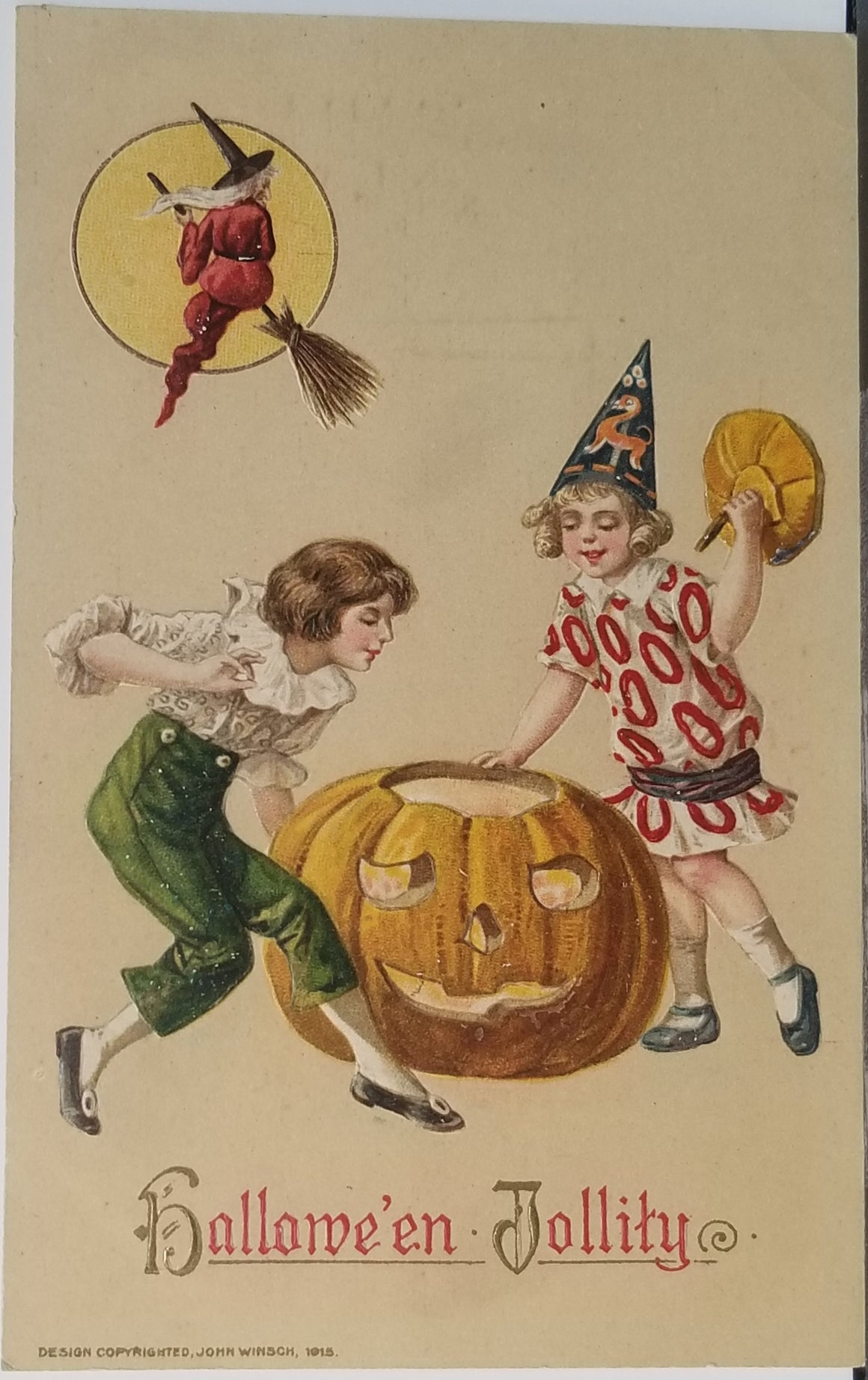 Halloween Postcard Rare John Winsch Children JOL Head Red Witch Series 4226