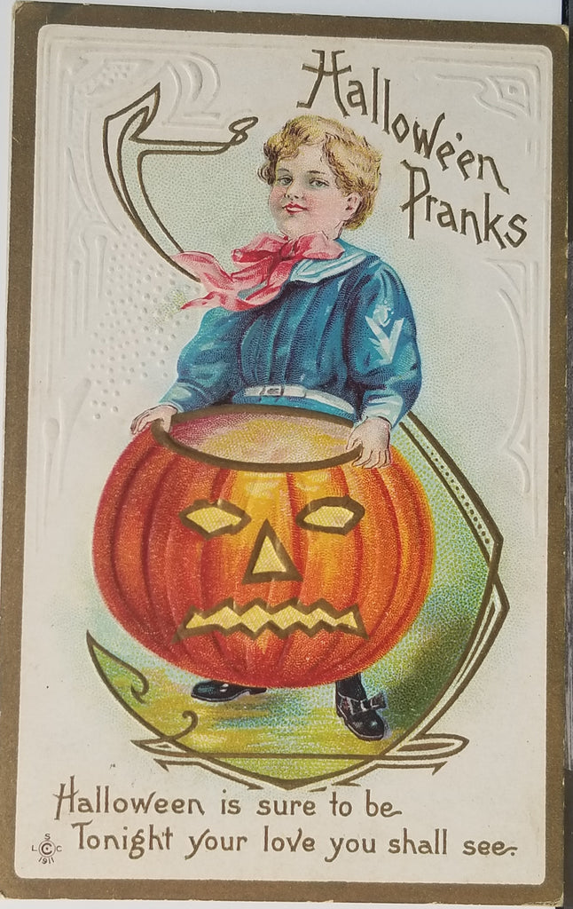 Halloween Pranks Postcard Little Boy Gold Embossed JOL Series 226 Stetcher