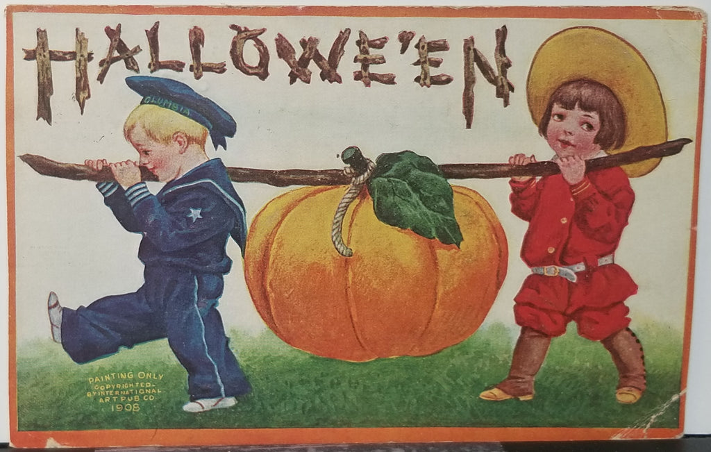 Halloween Postcard Children Carrying Giant JOL Intl Art Publishing Embossed Card