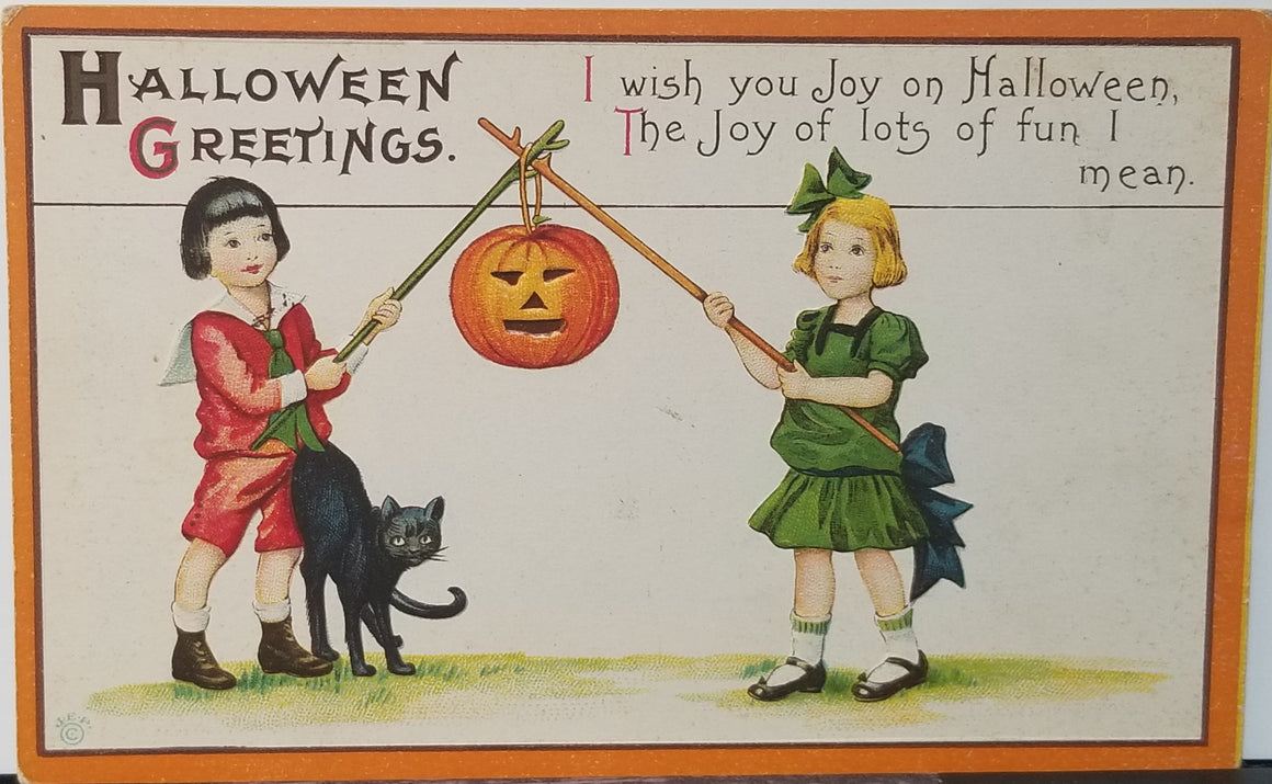 Halloween Postcard Children Holding JOL Carved Pumpkin on Stick Black Cat At Feet Series 63