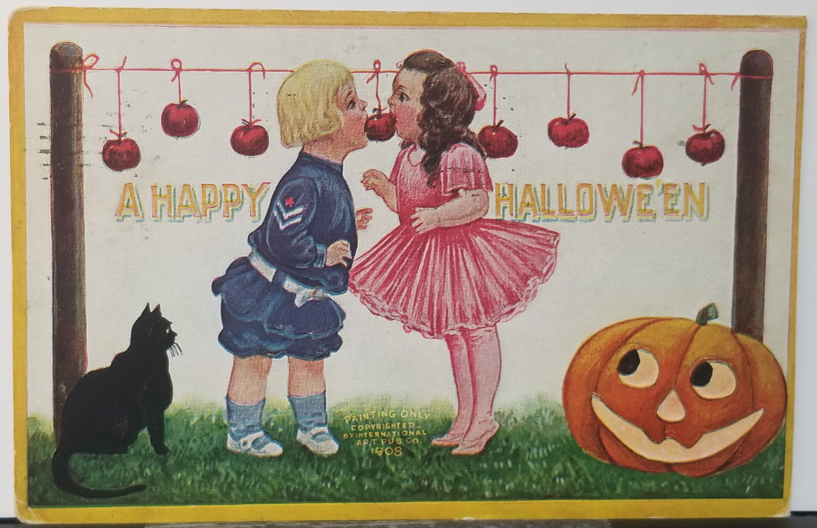 Halloween Postcard Children Playing Apple Game Intl Art Publishing