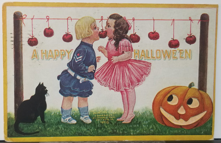 Halloween Postcard Children Playing Apple Game Intl Art Publishing Bergman