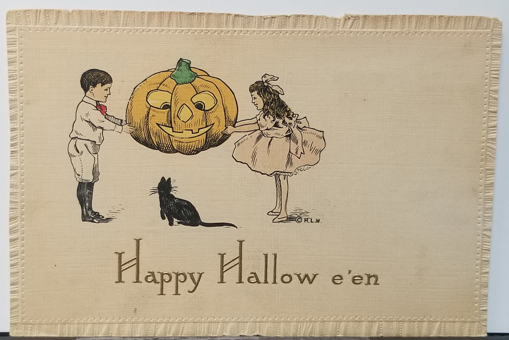 Halloween Postcard Children Holding Giant JOL Over Black Cat