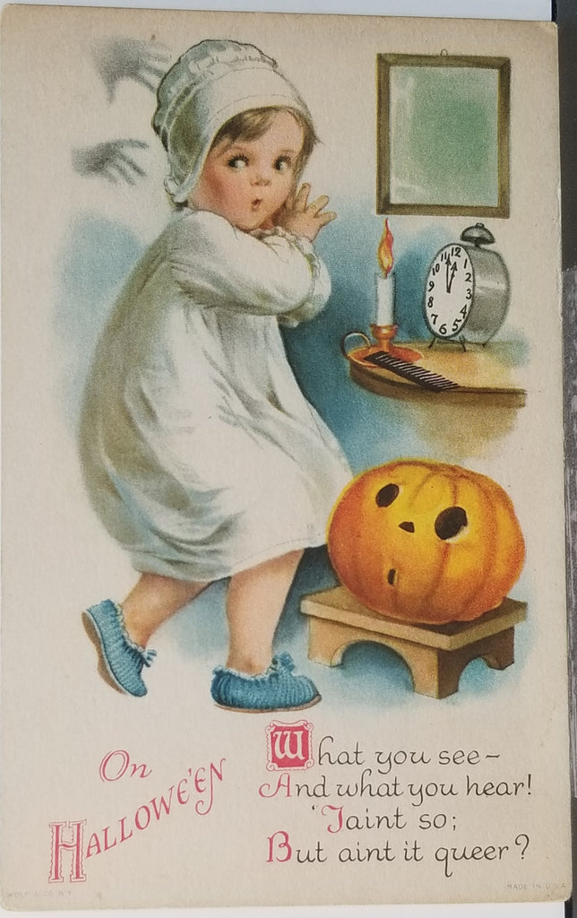 Halloween Postcard Ellen Clapsaddle Little Girl Afraid of Ghost Hands Frightened JOL Pumpkin Series 31 Wolf Publishing