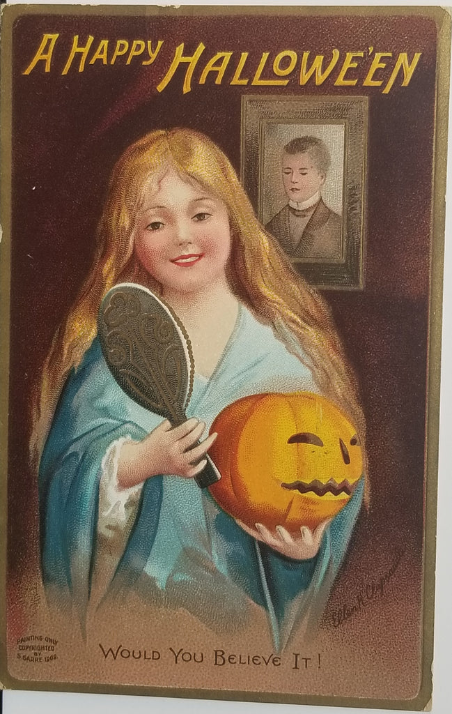 Halloween Postcard Ellen Clapsaddle Girl with Mirror Scrying, Would You Believe It! Holiday Card