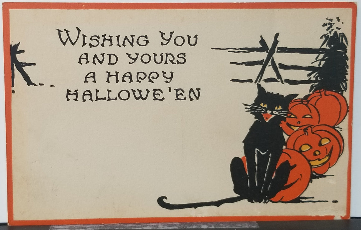 Halloween Postcard Gibson Publishing Black Cat with Row of JOL Pumpkins White Gold Orange Black Color Scheme