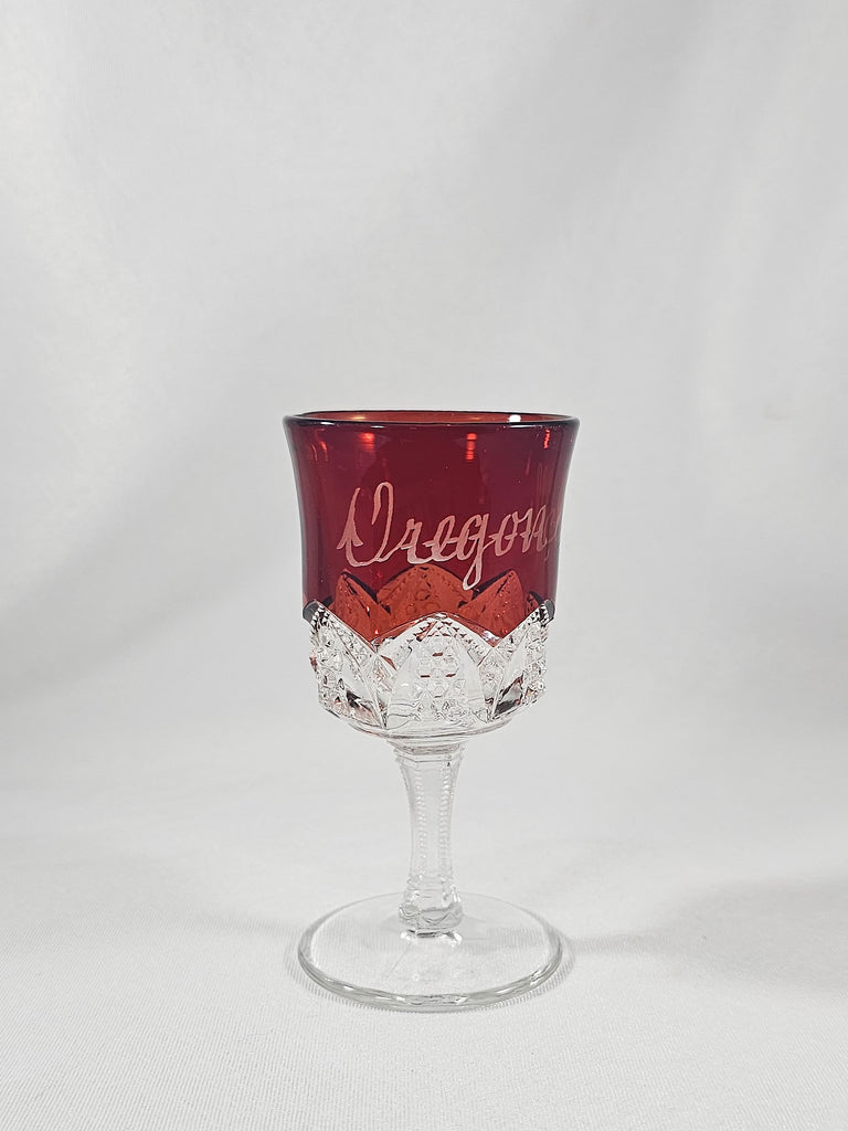 EAPG Duncan Sons Button Arches Ruby Stained Glass Wine Goblet Souvenir Cup Oregon Illinois