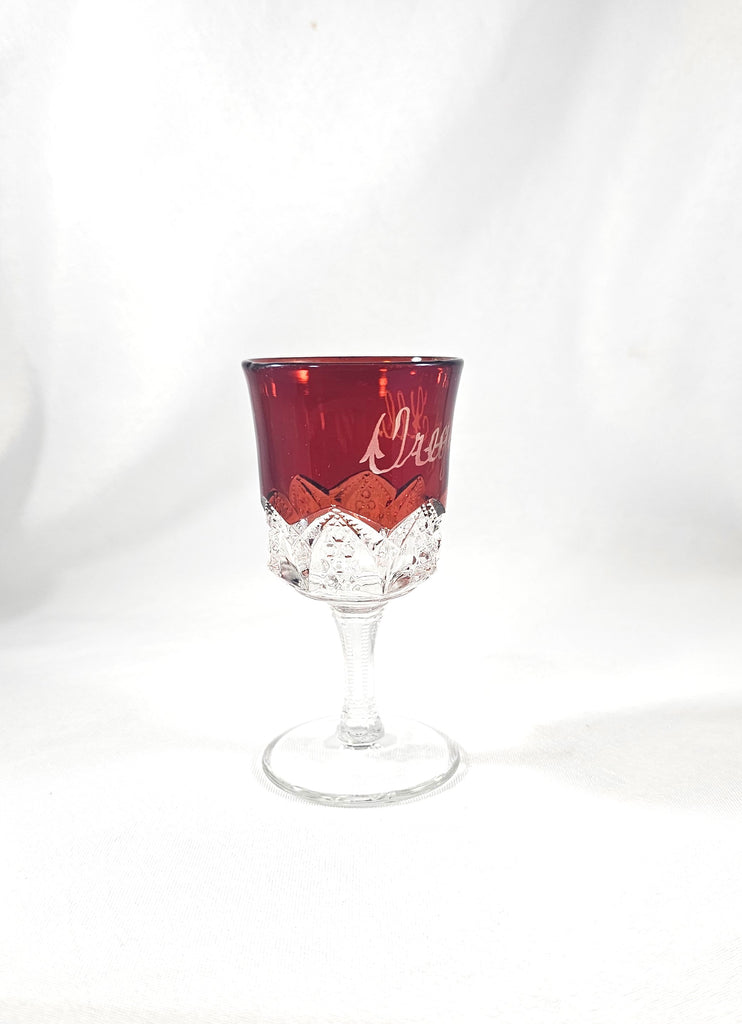 EAPG Duncan Sons Button Arches Ruby Stained Glass Wine Goblet Souvenir Cup Oregon Illinois