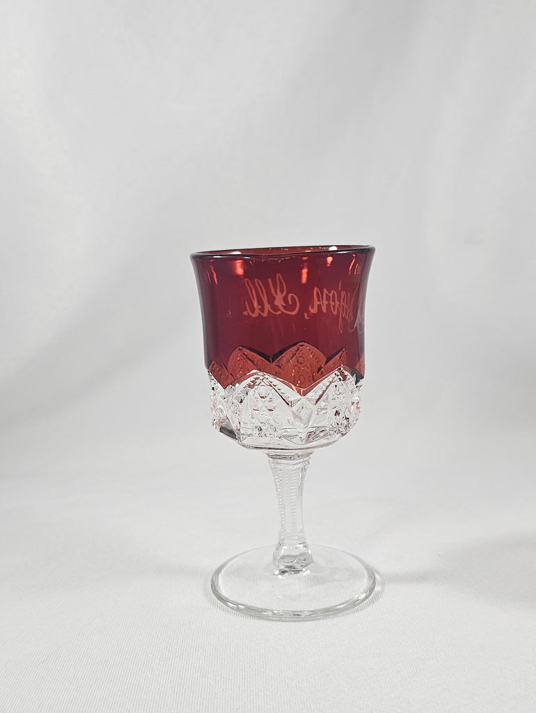 EAPG Duncan Sons Button Arches Ruby Stained Glass Wine Goblet Souvenir Cup Oregon Illinois