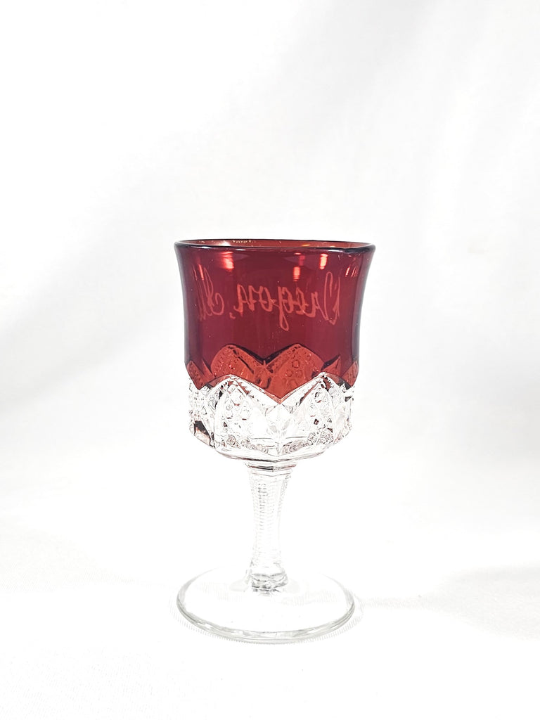 EAPG Duncan Sons Button Arches Ruby Stained Glass Wine Goblet Souvenir Cup Oregon Illinois