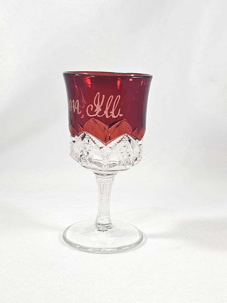 EAPG Duncan Sons Button Arches Ruby Stained Glass Wine Goblet Souvenir Cup Oregon Illinois