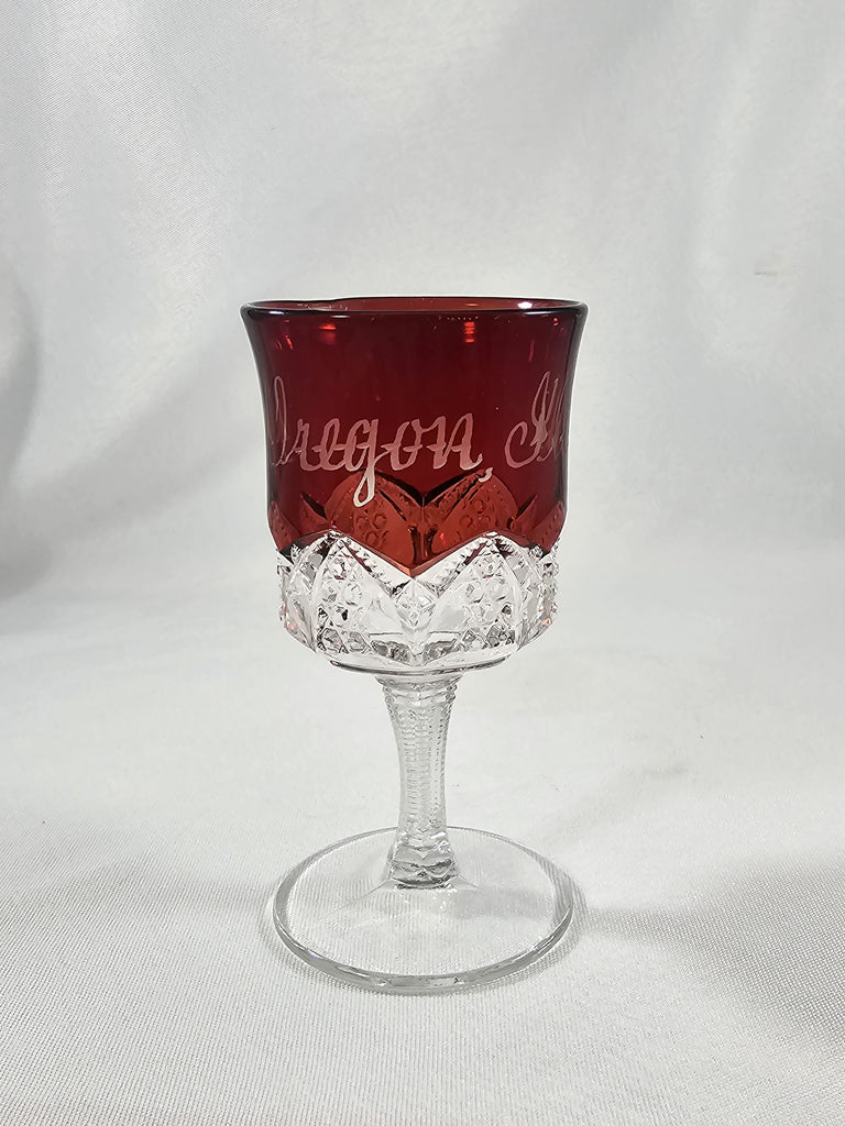 EAPG Duncan Sons Button Arches Ruby Stained Glass Wine Goblet Souvenir Cup Oregon Illinois