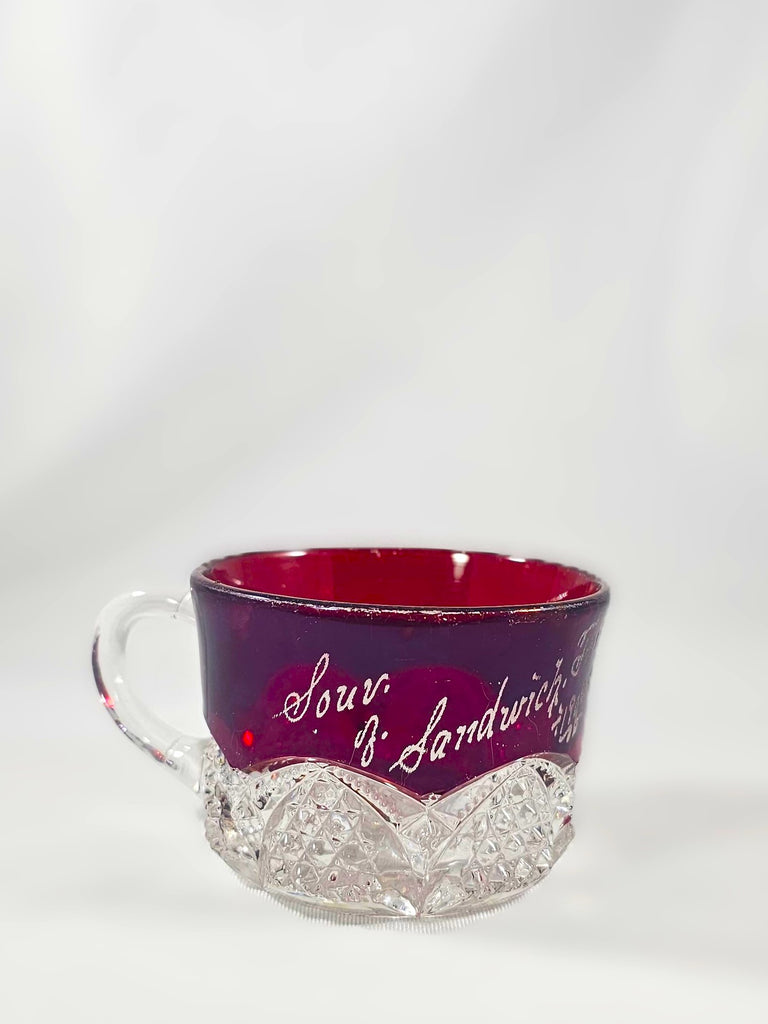 EAPG Duncan Sons Button Arches Ruby Stained Glass Punch Cup Mug Souvenir of Sandwich 1902 Fair