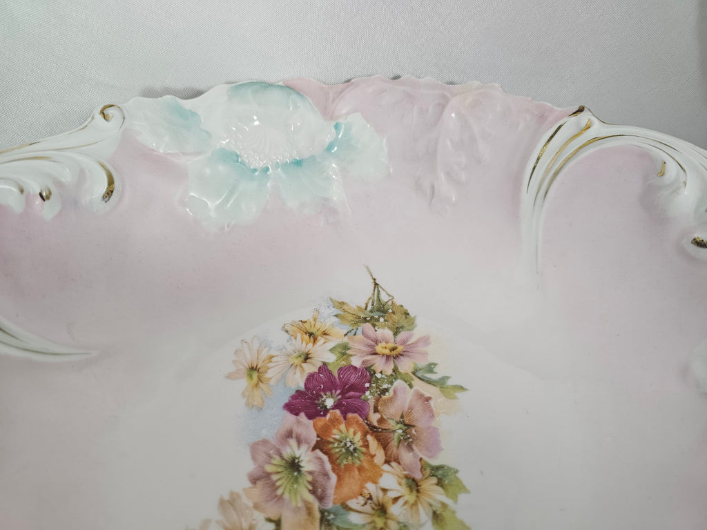 RS PRUSSIA Porcelain BOWL Steeple Mold 3 Pink Blue Carnations