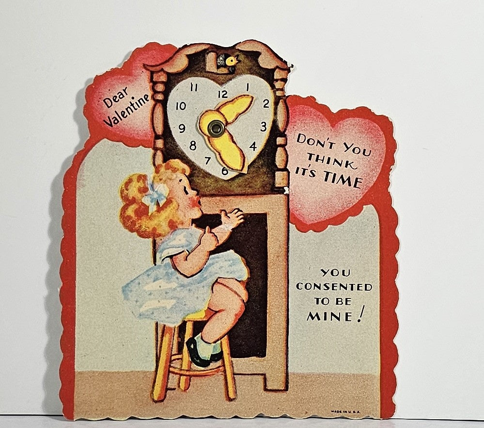 Vintage Die Cut Valentine Card Little Girl Showing Heart to Puppy