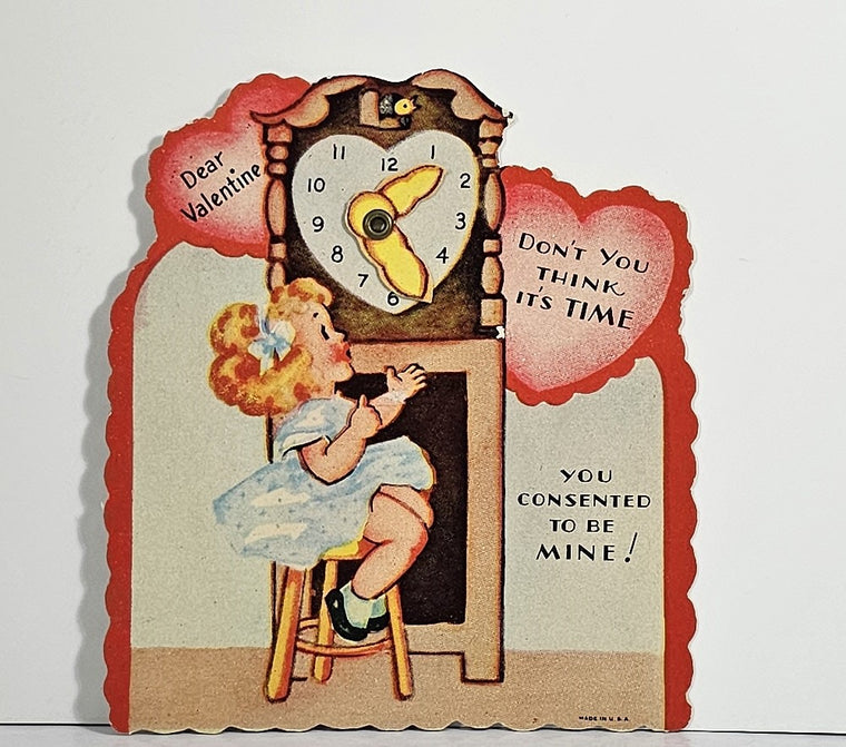 Vintage Antique Die Cut Mechanical Valentine Card Little Girl with Moving Hands on Clock