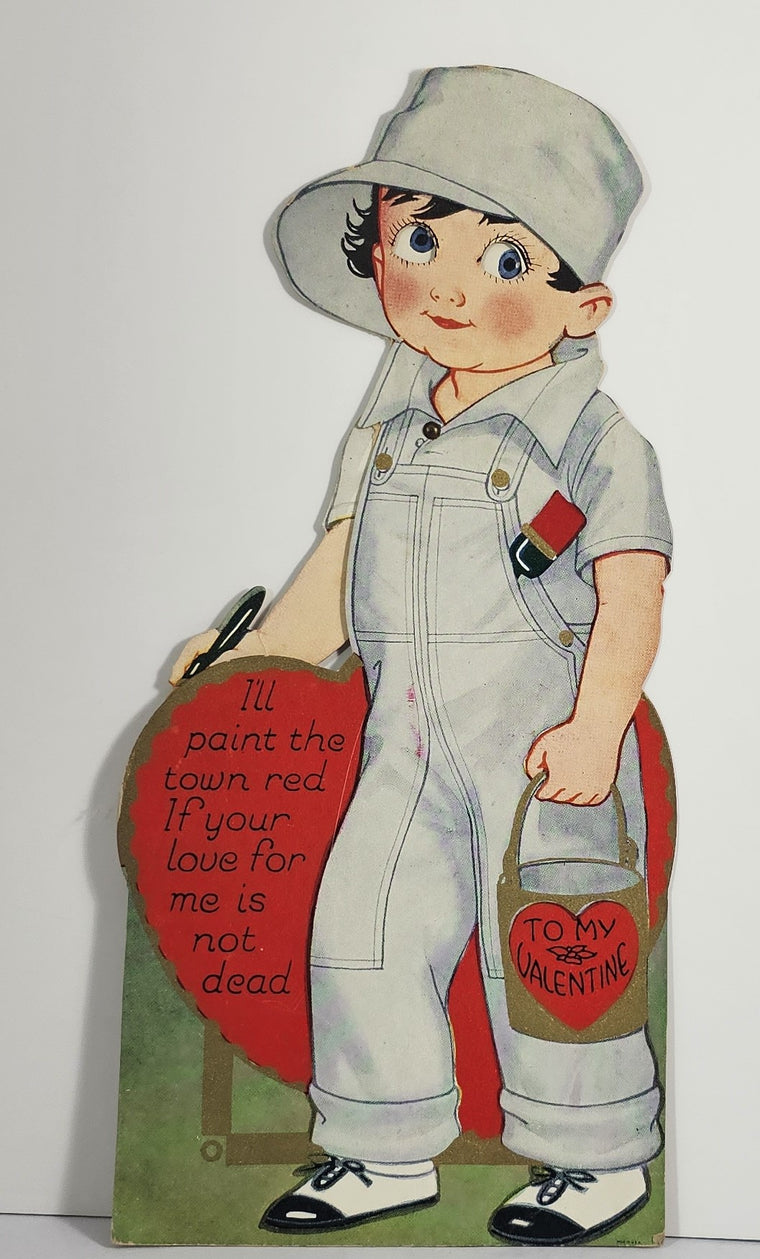 Vintage Antique Die Cut Mechanical Valentine Card Little Boy in Painter Overalls Holding Brush Eyes Move