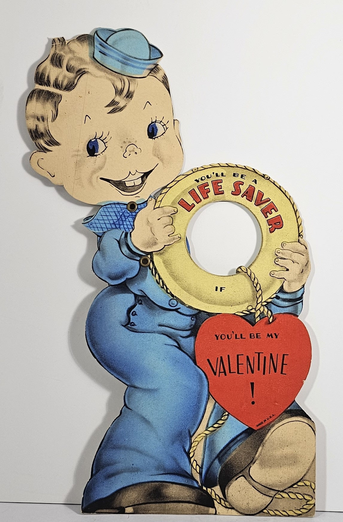 Valentine Made in USA Mechanical Valentines Day little girl and boy fishing  50's
