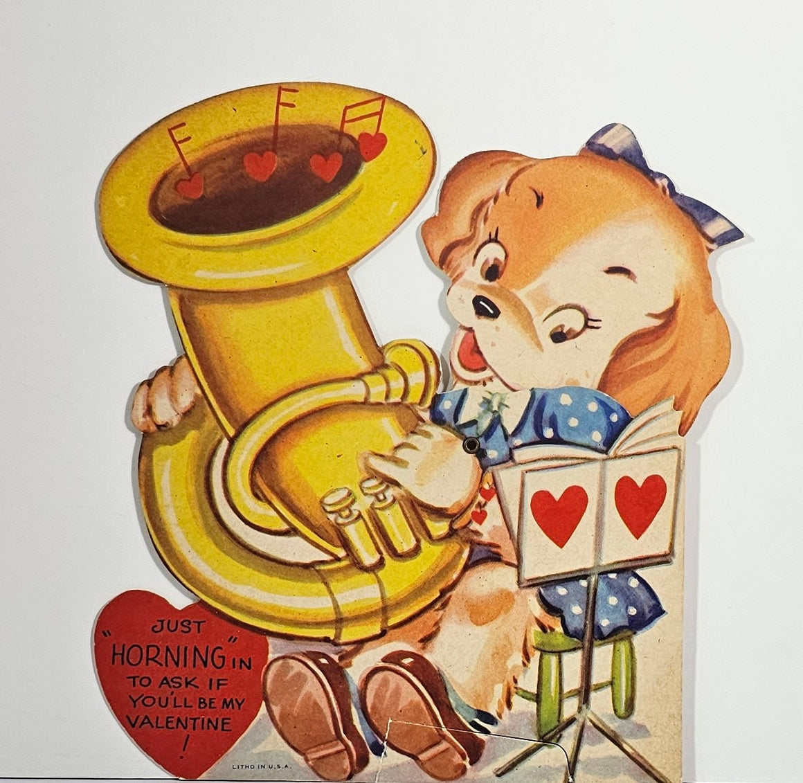 Vintage Mechanical Anthropomorphic Valentine Card Little Cocker Spaniel Puppy Girl in Dress Playing Tuba